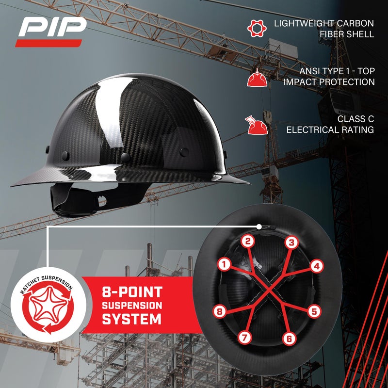 PIP Wolfjaw  Full Brim Smooth Dome Hard Hat with Glossy Carbon Fiber Shell  8-Point Riveted Textile Suspension  Wheel-Ratchet Adjustment  Black (280-HP1471R-11) - Image 4